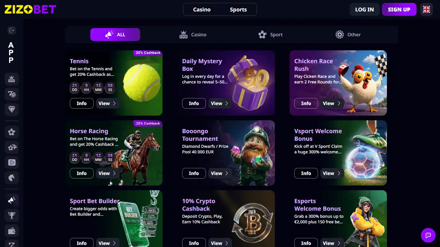 Zizobet Casino promotions desktop screenshot