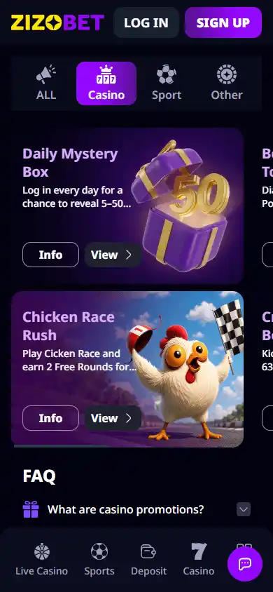 Zizobet Casino promotions mobile screenshot