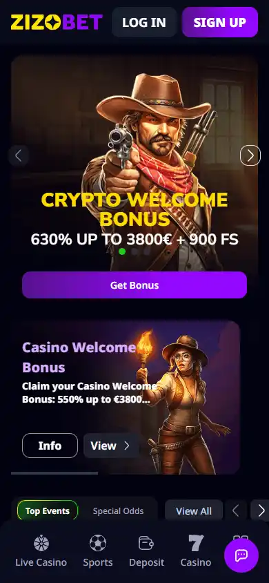 Zizobet Casino homepage mobile screenshot