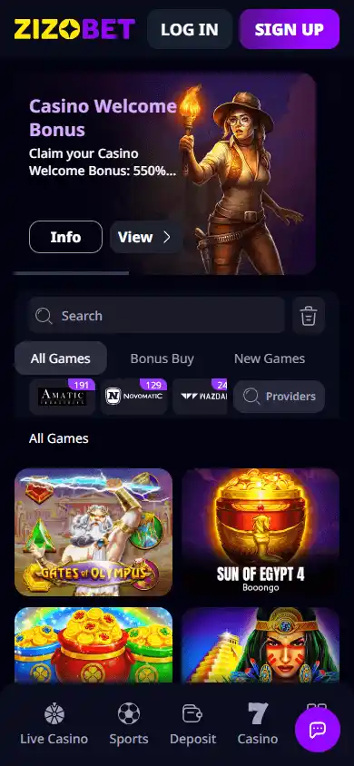 Zizobet Casino games lobby mobile screenshot