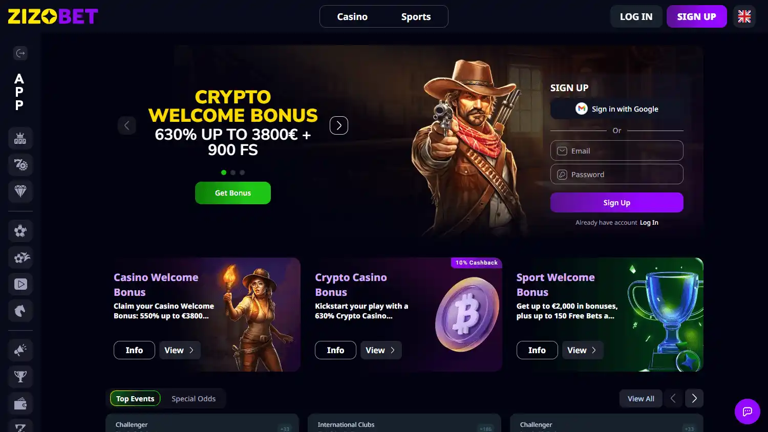Zizobet Casino homepage desktop screenshot