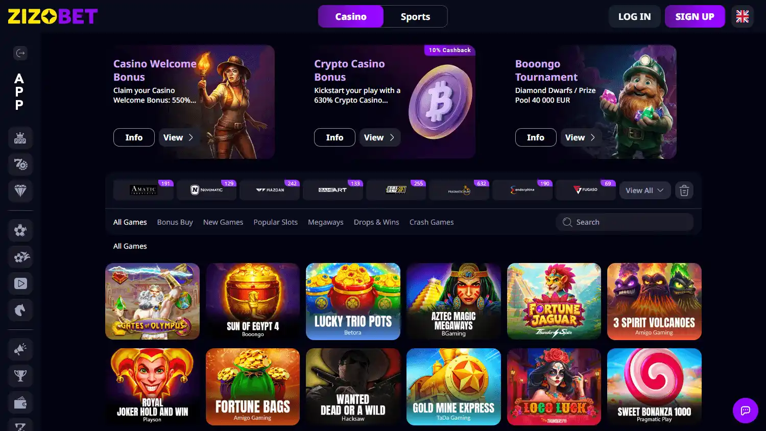 Zizobet Casino games lobby desktop screenshot