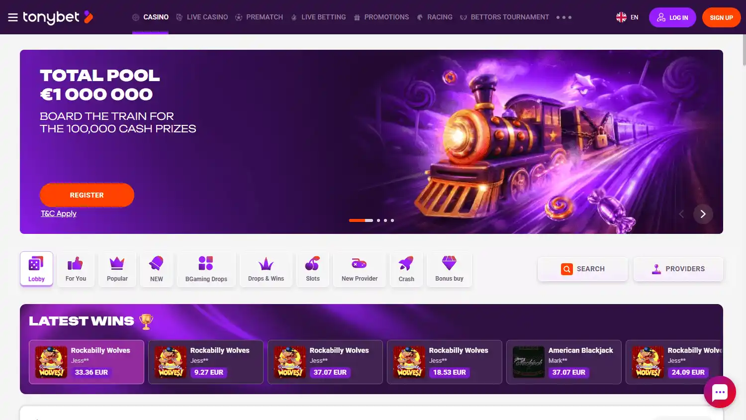 TonyBet Casino games lobby desktop screenshot