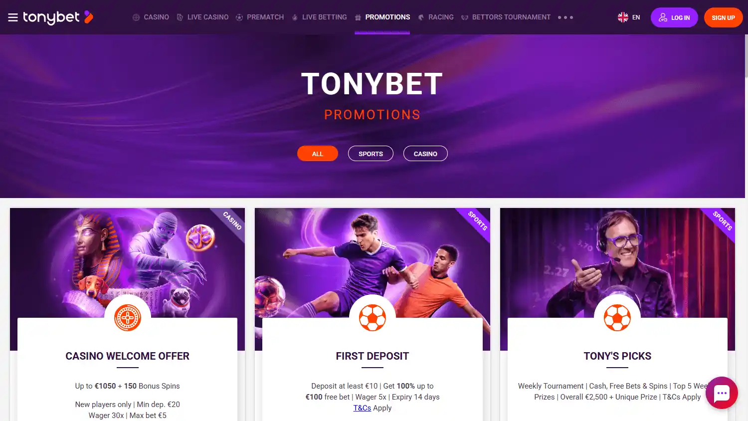 TonyBet Casino promotions desktop screenshot