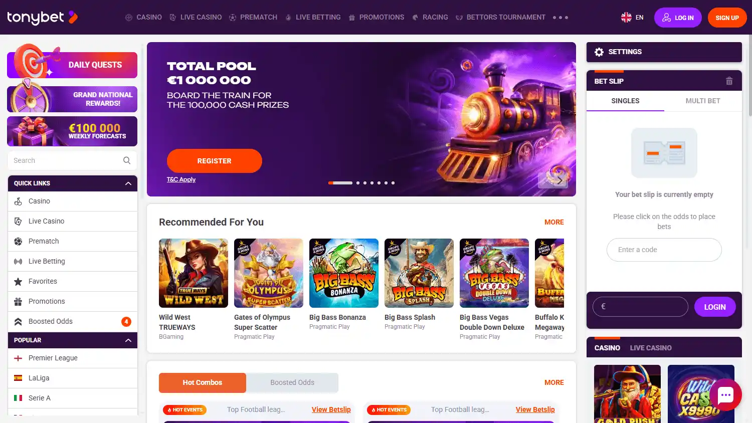 TonyBet Casino homepage desktop screenshot