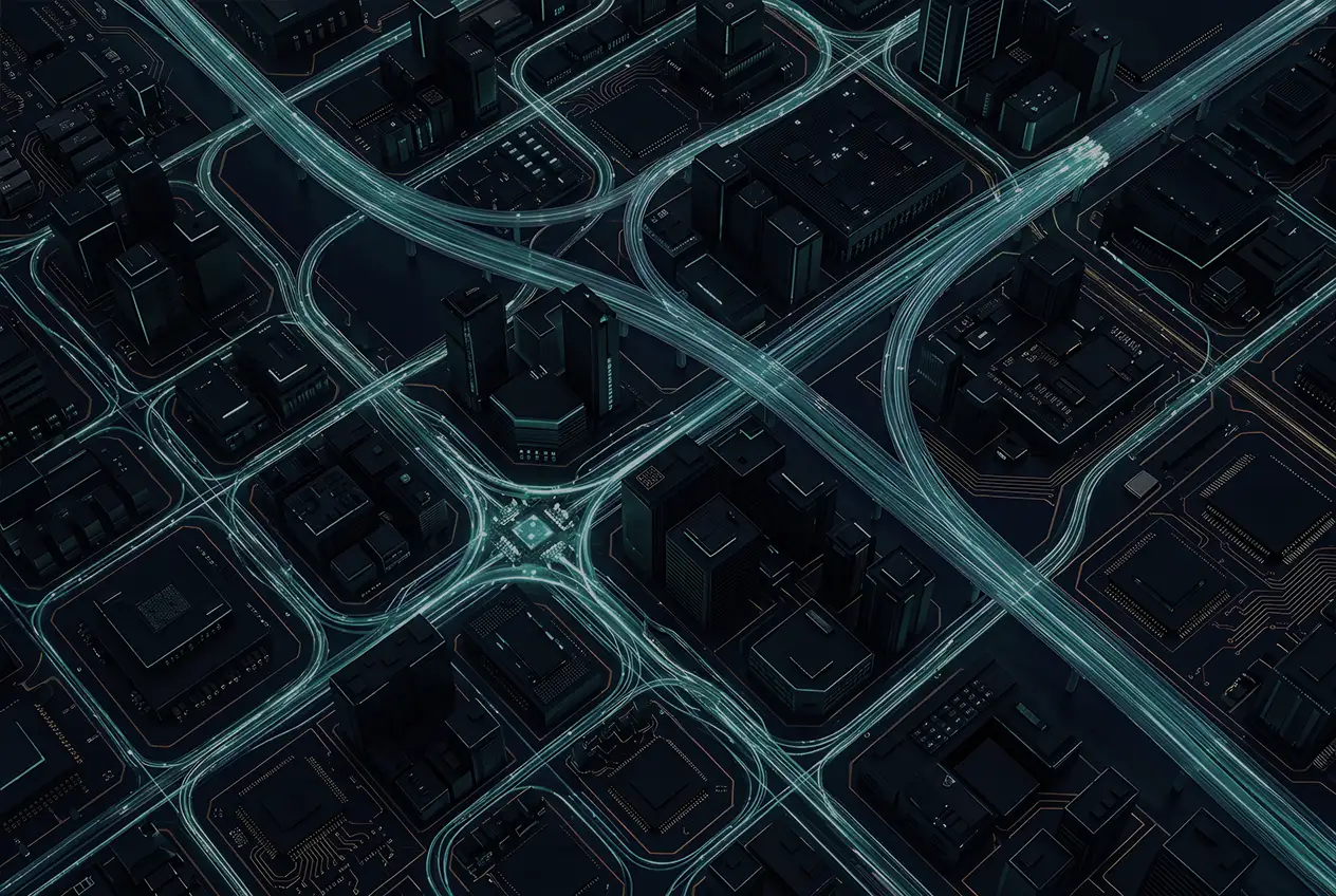 Futuristic cityscape with glowing neon-blue elevated highways and illuminated roads weaving through dark buildings at night.