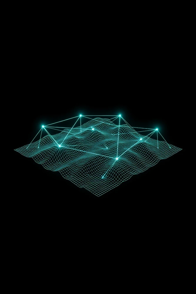 Blue glowing 3D grid terrain with connected nodes representing a digital network on a black background.