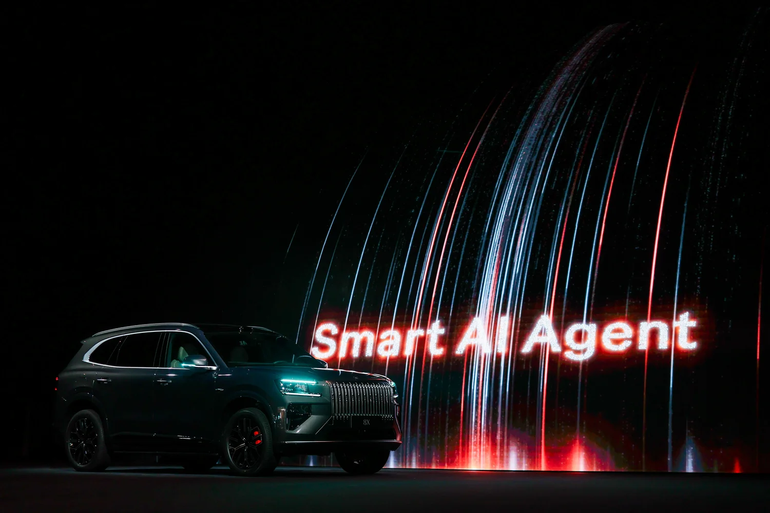 Kinetic LED screen with vertical light trail motion content during ZEEKR 8X Smart AI Agent presentation