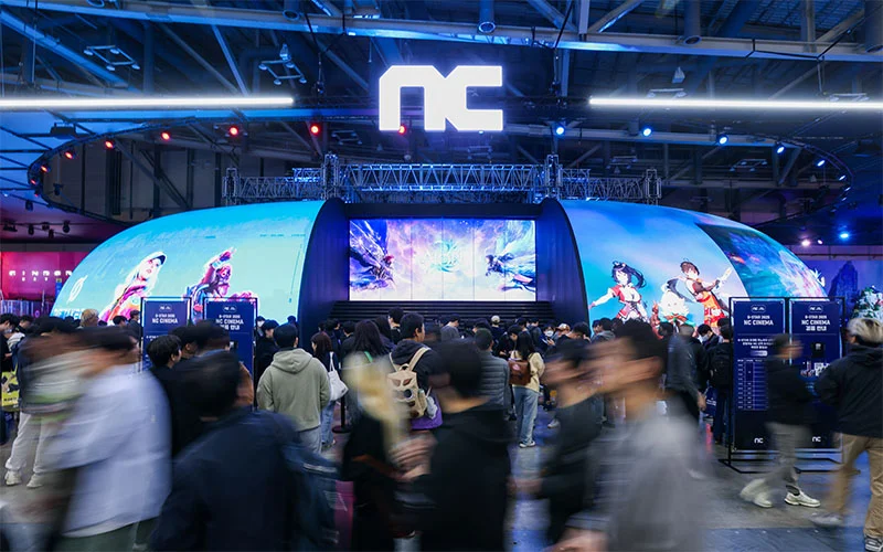 NC G-STAR 2025 booth facade at BEXCO Busan, large-scale kinetic LED exterior entrance for gaming exhibition
