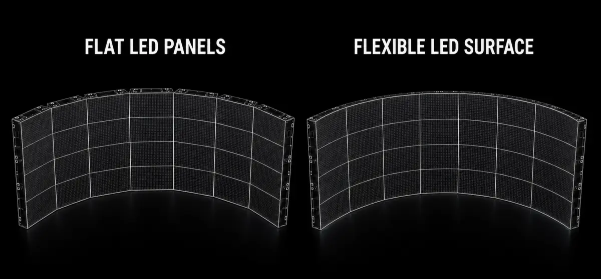 Flat LED panels versus flexible LED surface comparison, showing visible panel seams on the left and a smooth continuous curve on the right