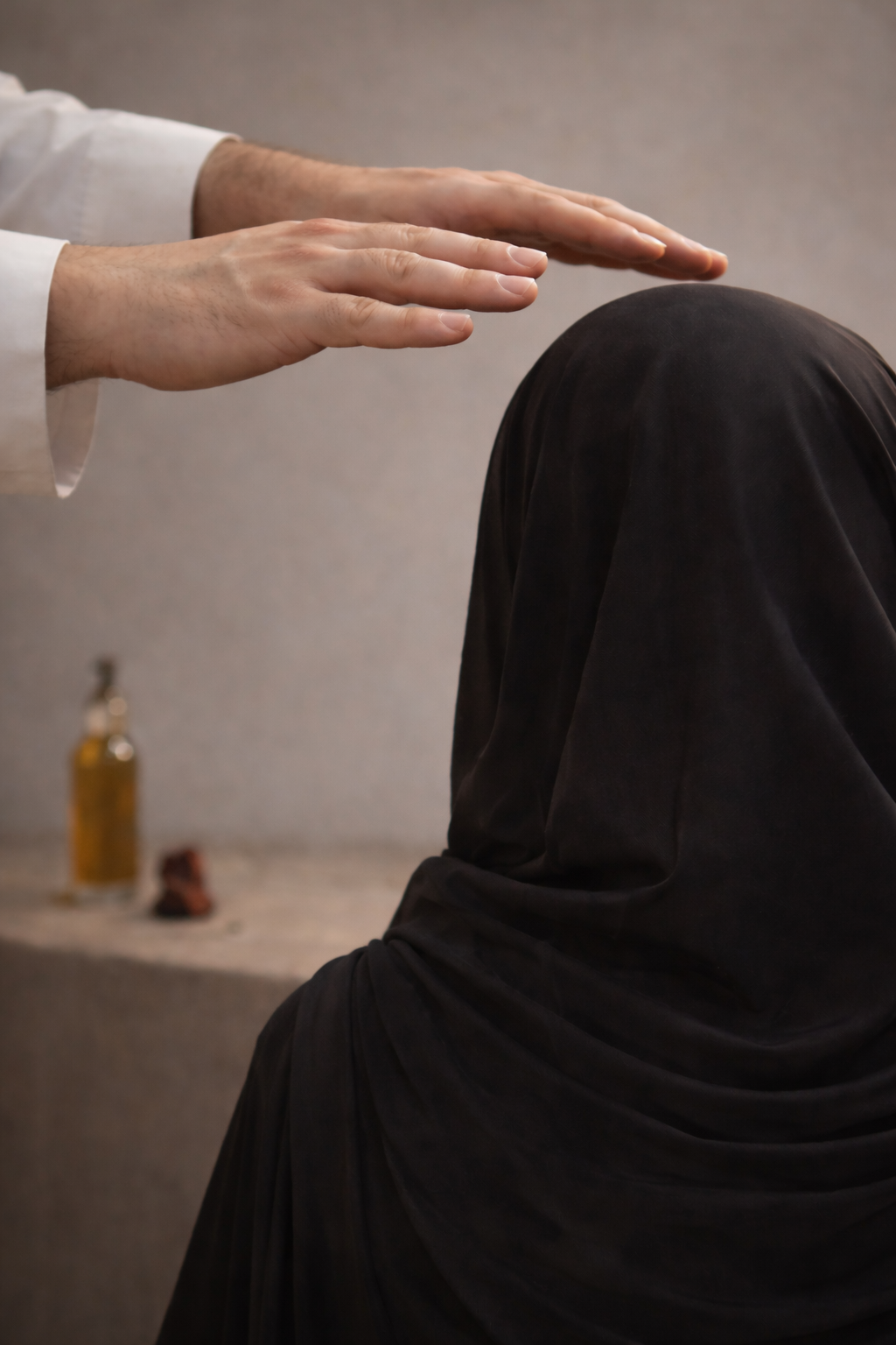 Raqi pratiquant la roqya légiférée chaariya sur une femme musulmane qui porte un foulard noir