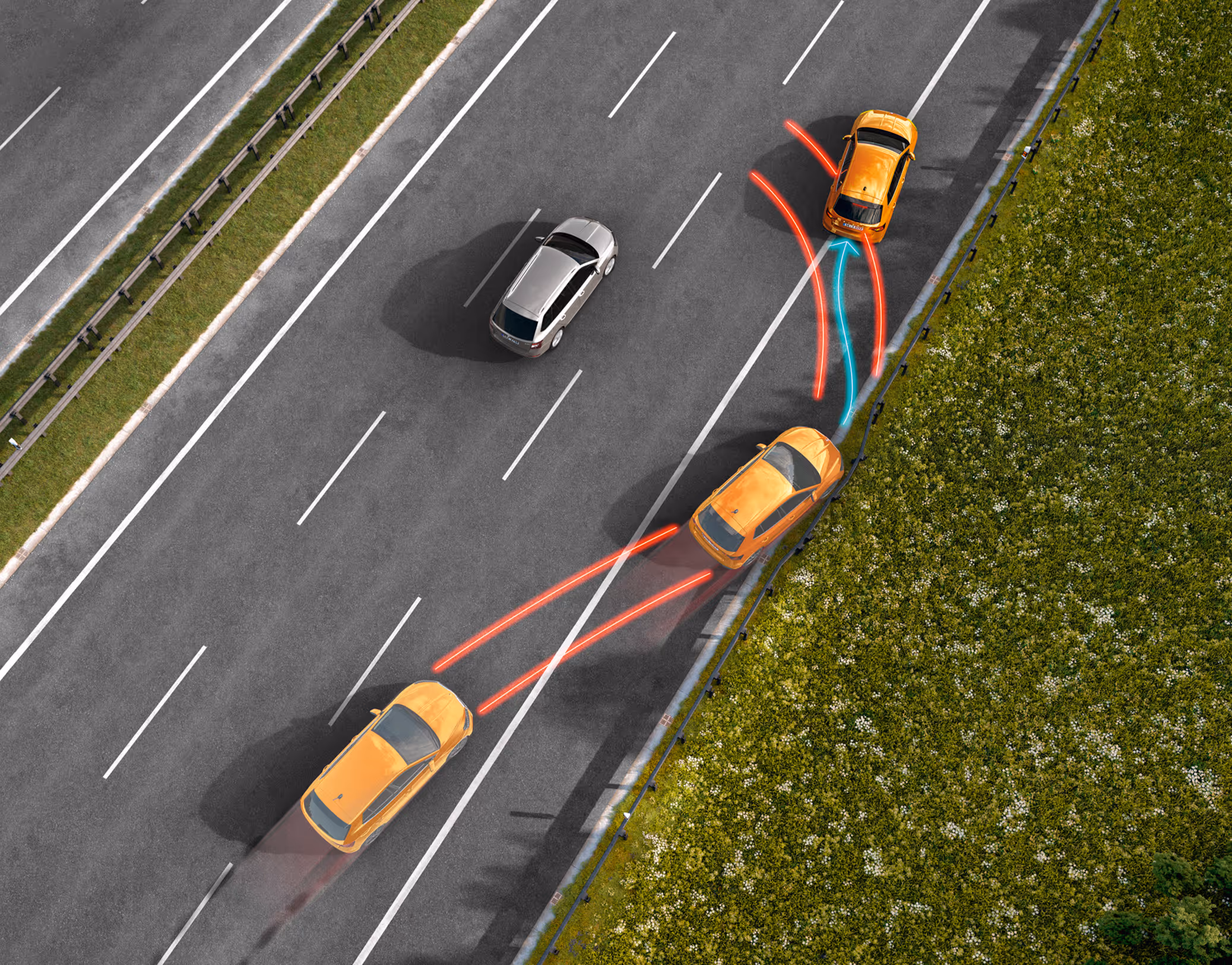Animation der Multikollisionsbremse: Ein orangefarbener Škoda Fabia droht nach einer Kollision unkontrolliert auf eine andere Fahrspur zu geraten. Leuchtende rote Linien visualisieren die gefährliche Bahn, während eine grüne Linie den Eingriff der Multikollisionsbremse darstellt. Das System bremst das Fahrzeug automatisch ab und bringt es sicher zum Stehen, um eine Folgekollision zu verhindern.