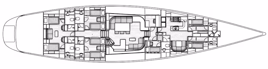 Detailed blueprint floor plan of a sailboat interior showing cabins with beds, bathrooms, a kitchen, seating areas, and an engine compartment.