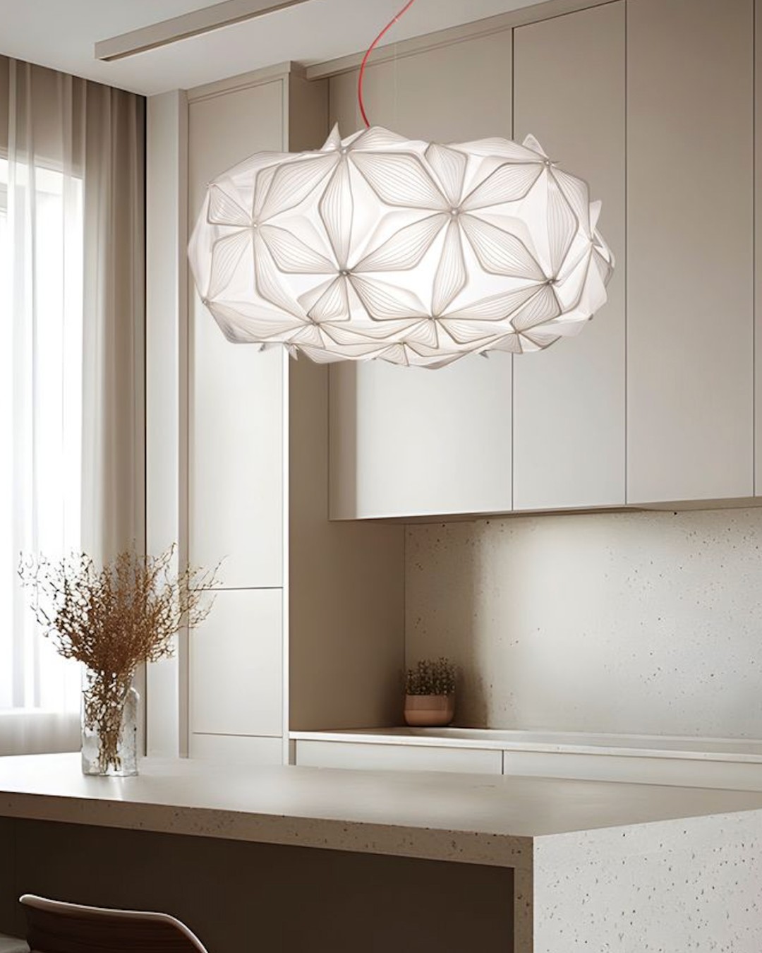 Slamp C'est la vie pendant light, a voluminous white geometric fixture with a folded, origami-like texture and a striking red suspension cord, hanging above a speckled stone kitchen counter and sleek beige cabinetry.