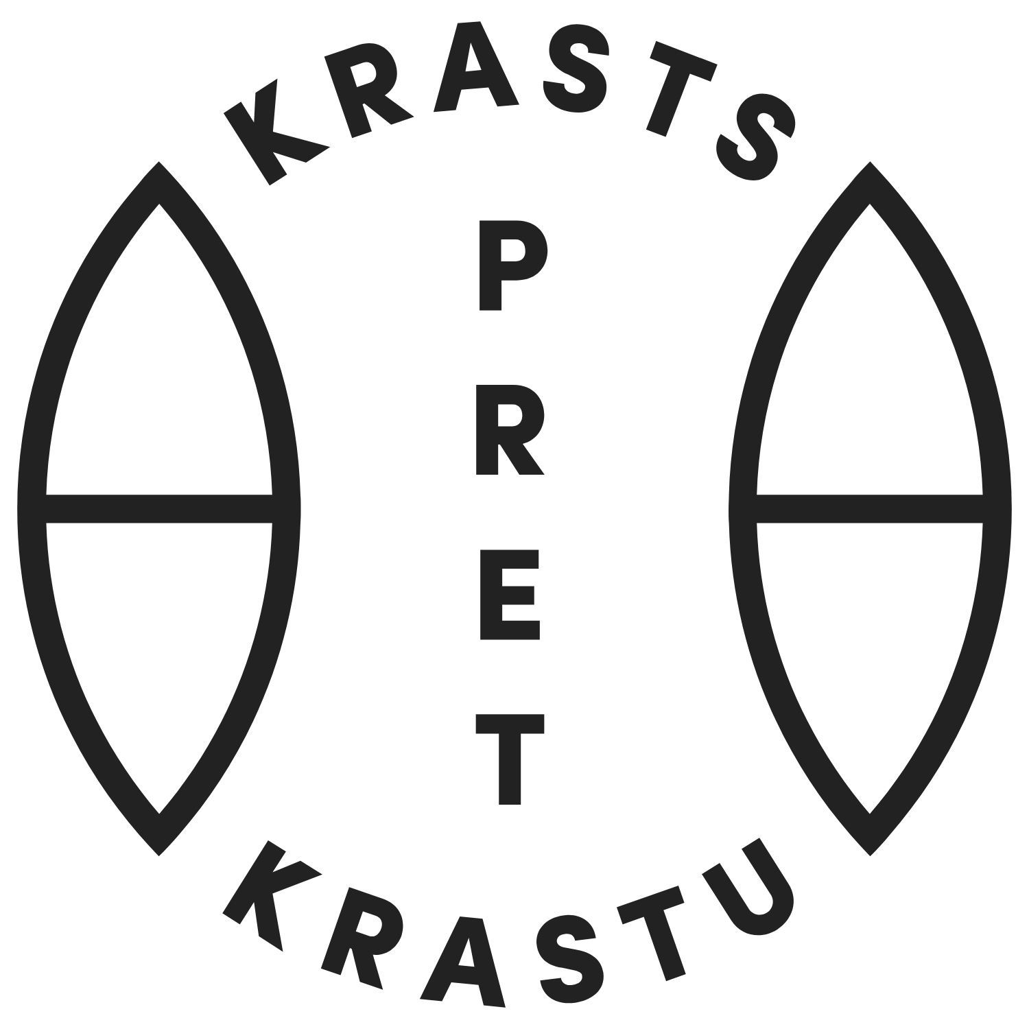 Logo with the words 'KRASTS KRASTU' arranged in a circular shape around two vertical boat-like shapes and the word 'PRET' written vertically in the center.