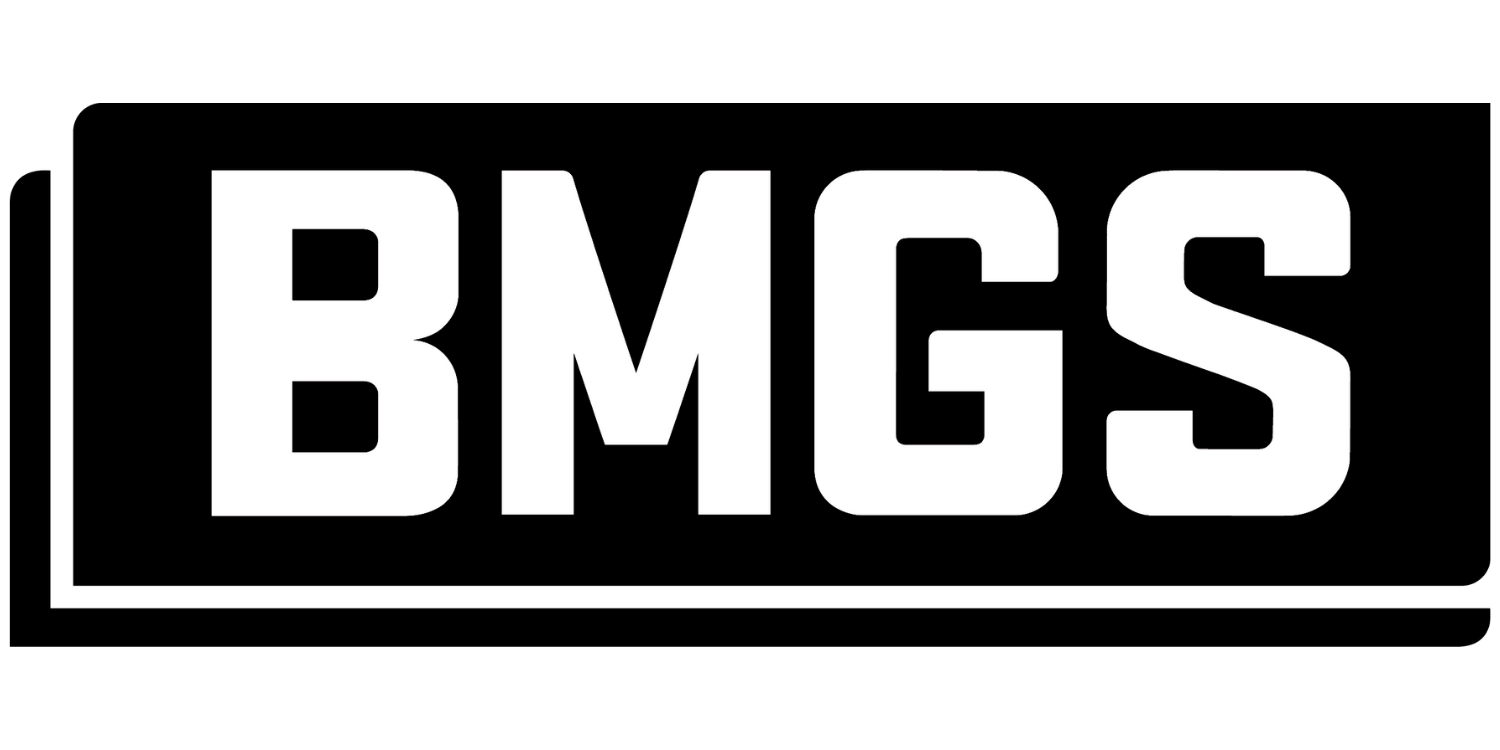 Bold white letters spelling BMGS on a black background.