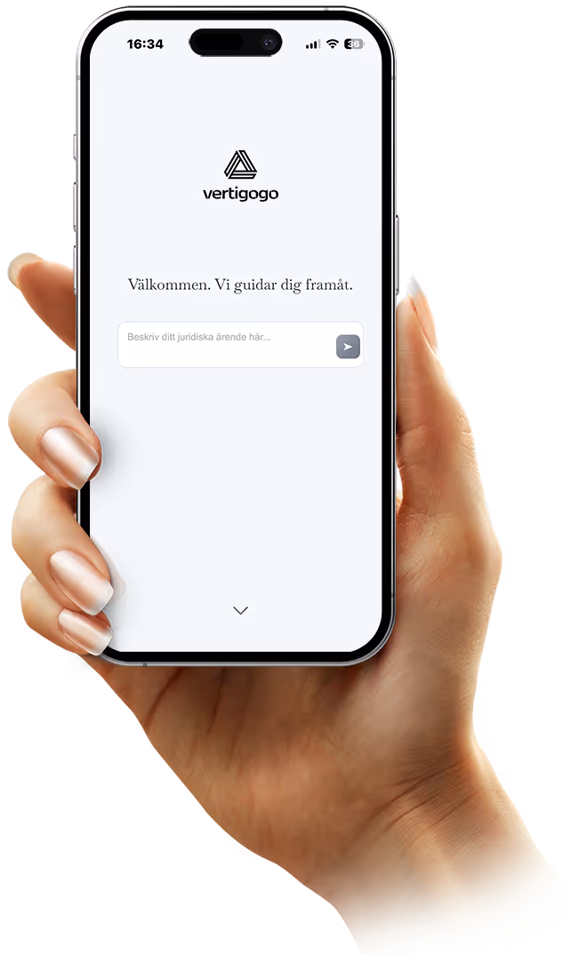 Mobilskärm som visar Vertigogo-appen med välkomstmeddelande