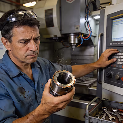 Erfaren industriarbetare som inspekterar metalldetalj vid CNC-maskin
