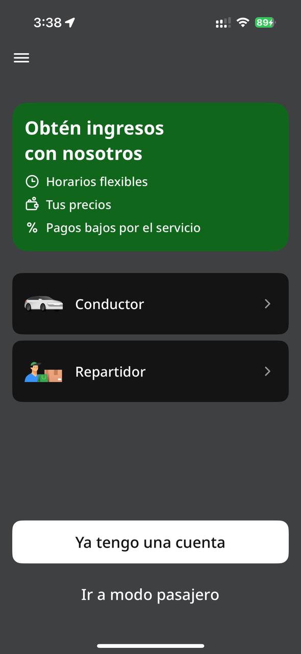Pantalla para elegir Conductor o Repartidor