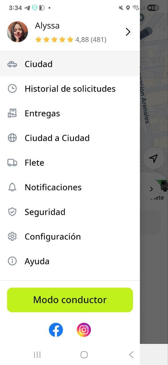 Menú de inDrive con el botón Modo conductor
