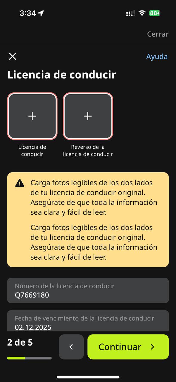 Pantalla para cargar la licencia de conducir