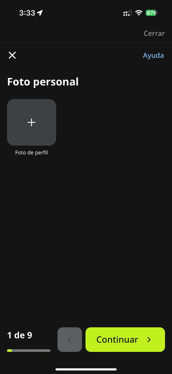 Pantalla para añadir la foto personal