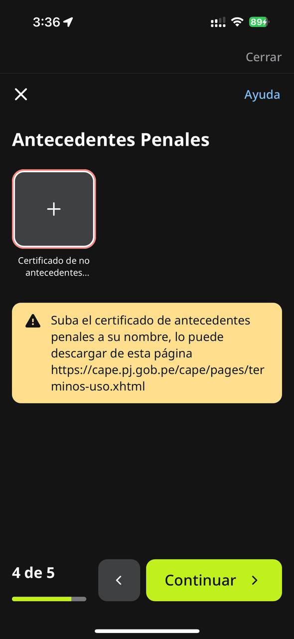 Pantalla para subir el certificado de antecedentes penales