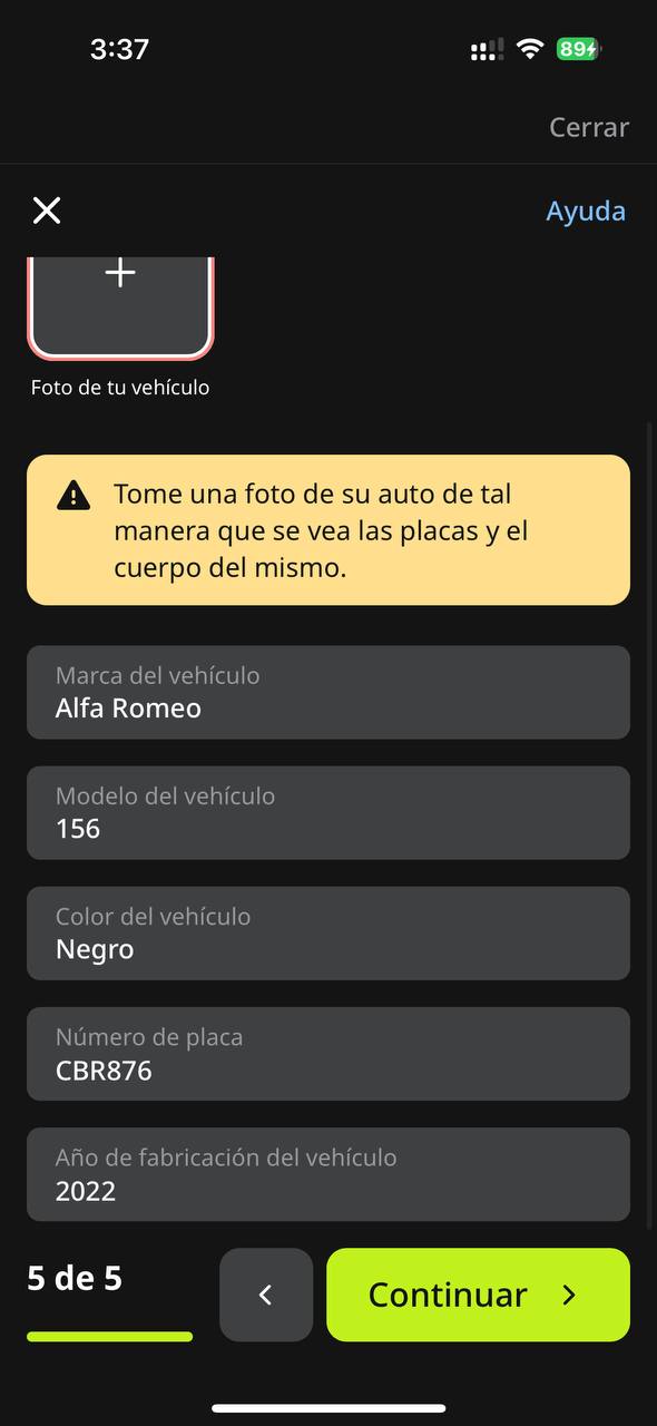 Formulario de información del vehículo