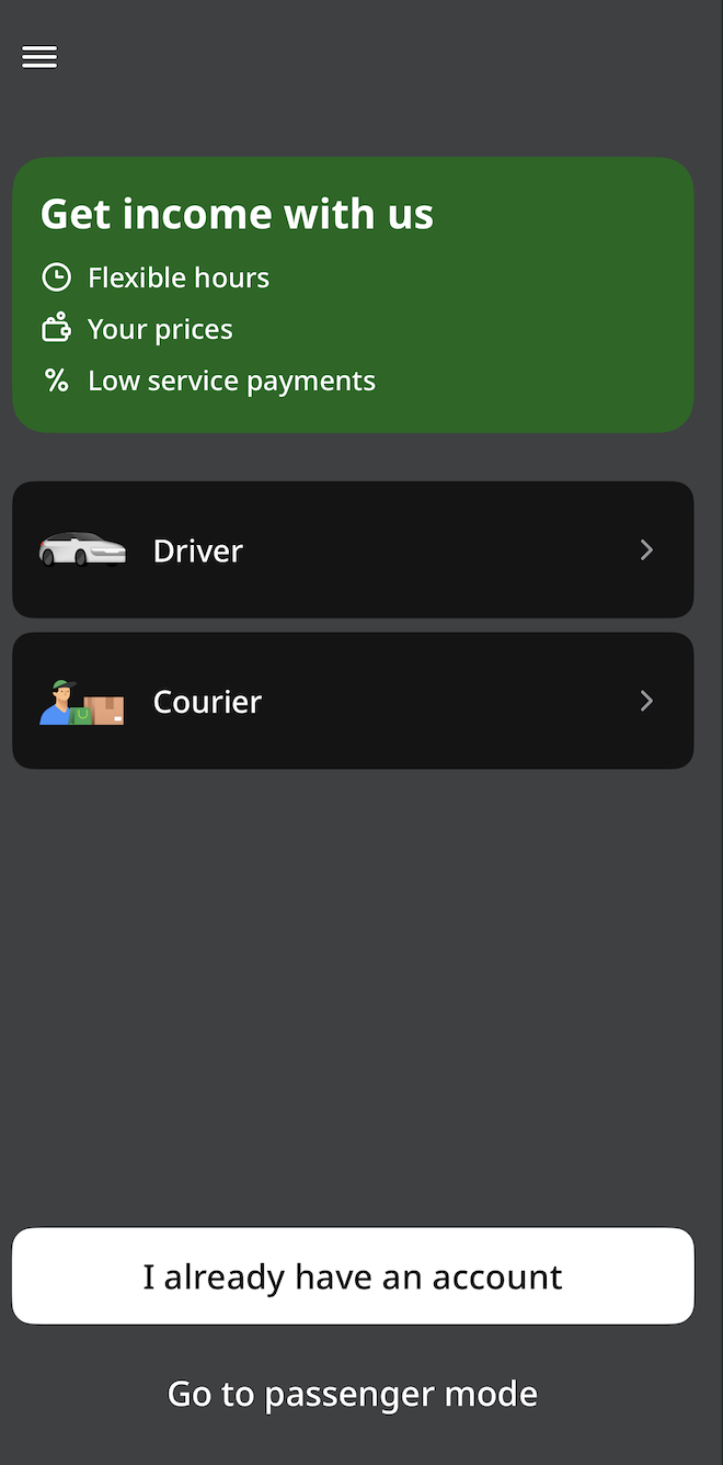 Pantalla para elegir Driver o Courier
