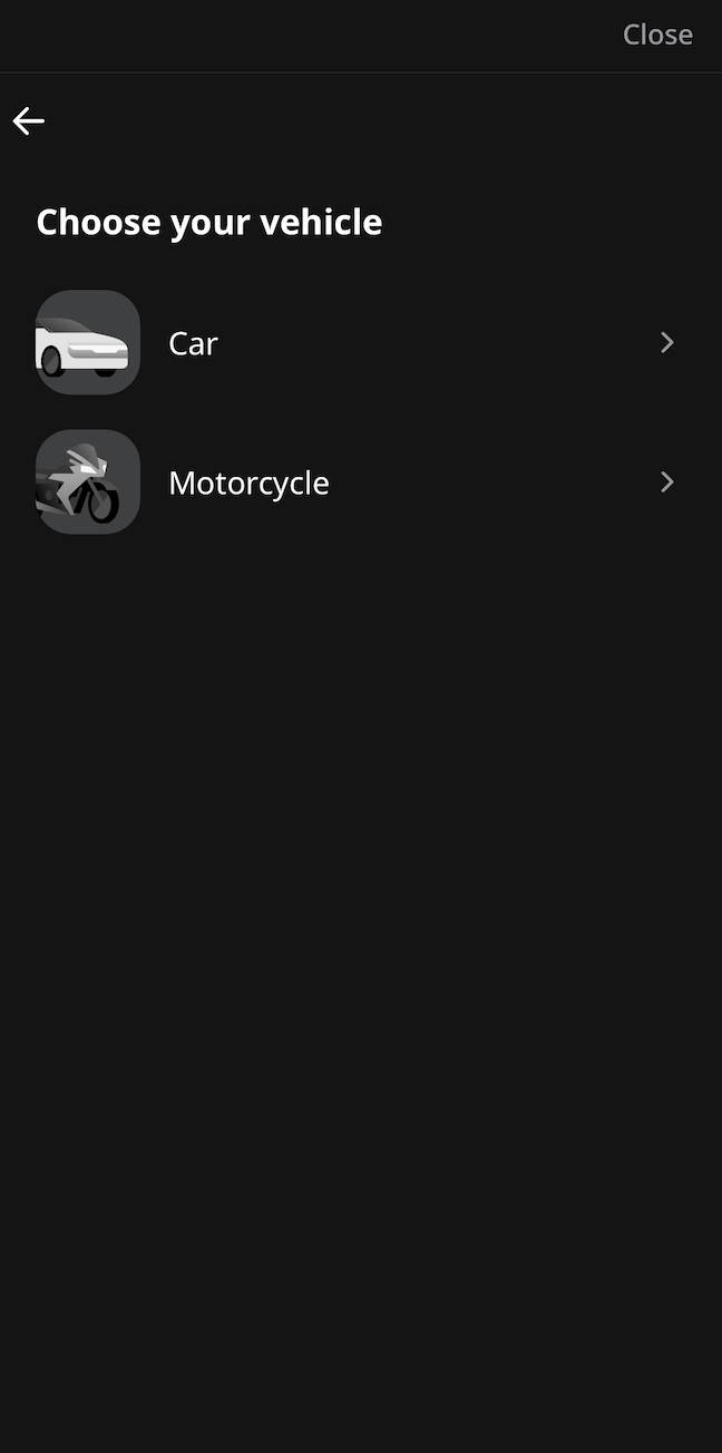 Pantalla para elegir automóvil o motocicleta