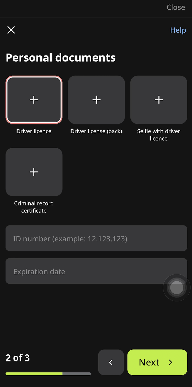 Pantalla para cargar documentos personales