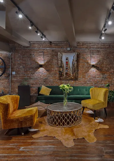 Loft photo studio interior with brick walls
