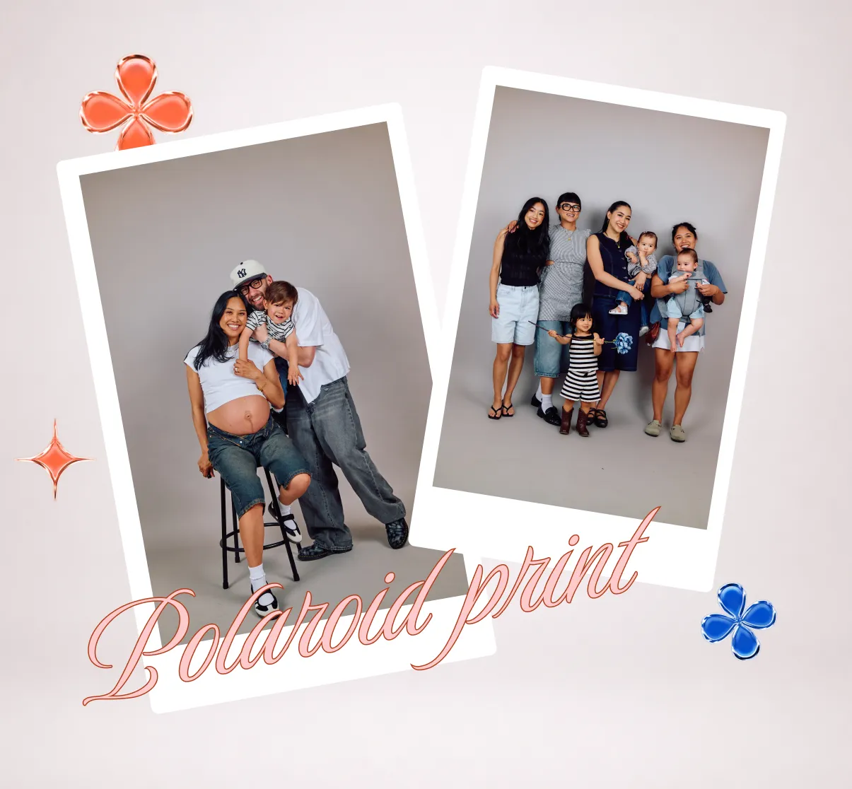 Polaroid-style print samples from Click Click self-portrait sessions