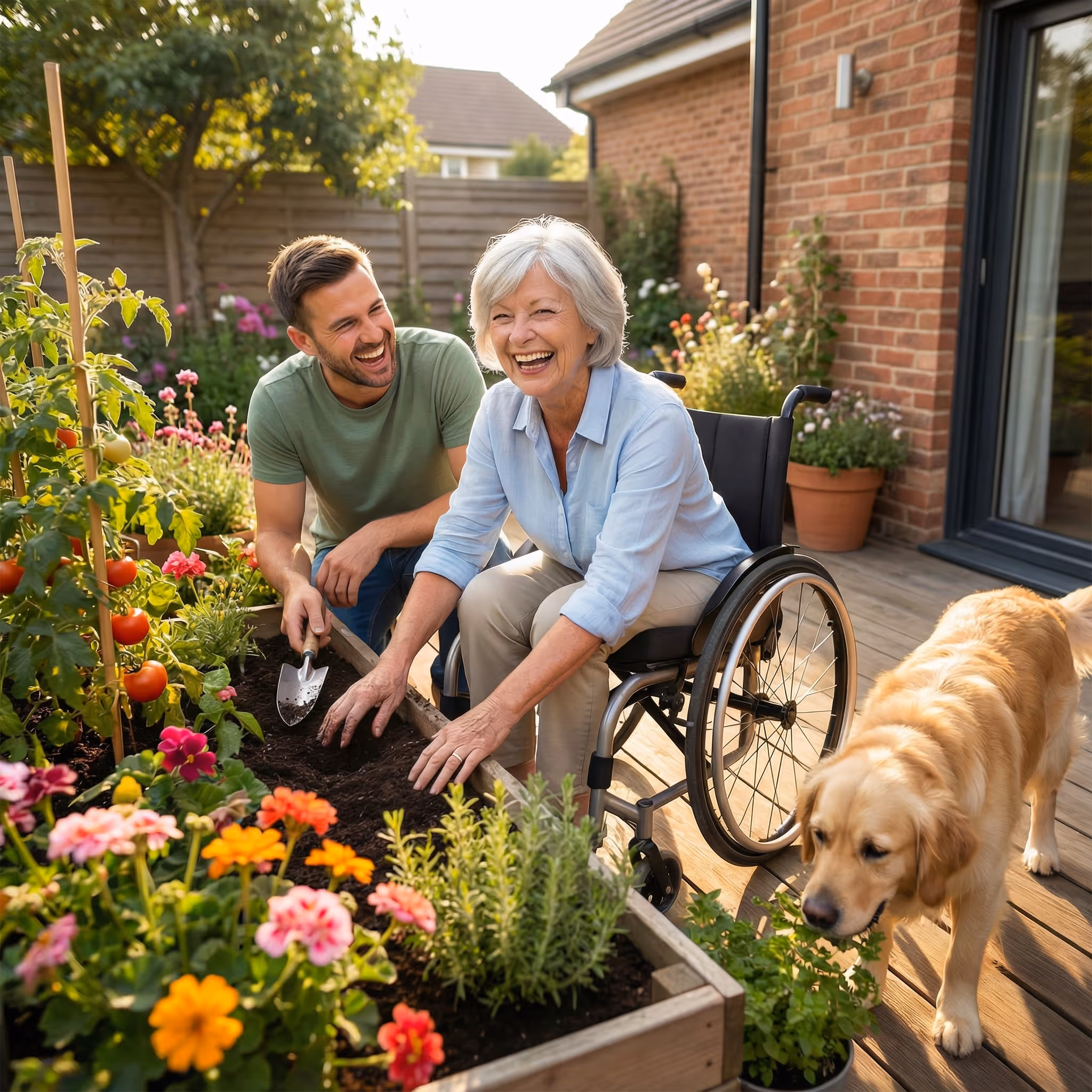Elderly woman in a wheelchair and a young man gardening together outdoors, with a golden retriever nearby.