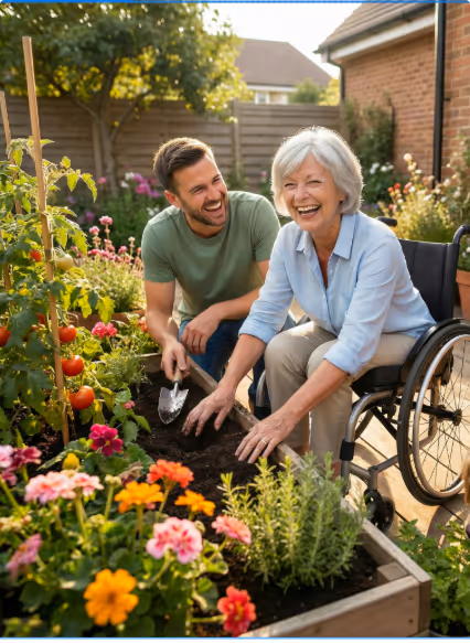 Smiling young man and elderly woman in a wheelchair gardening together in a backyard with colorful flowers and vegetables.