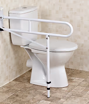 White toilet with a white safety grab bar attached beside it, tiled floor and wall.