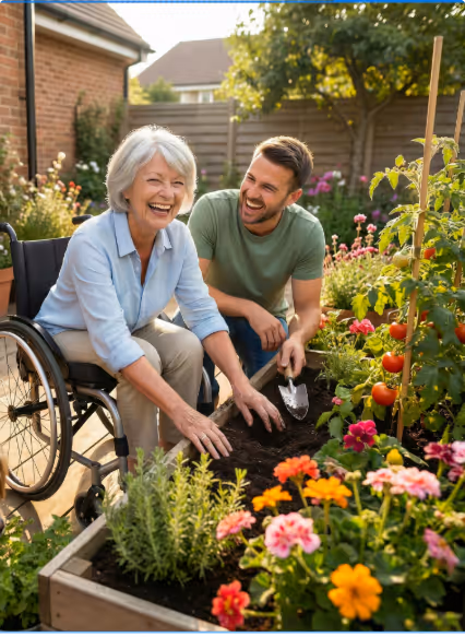 A smiling elderly woman in a wheelchair gardening with a young man in a backyard flower and vegetable garden.