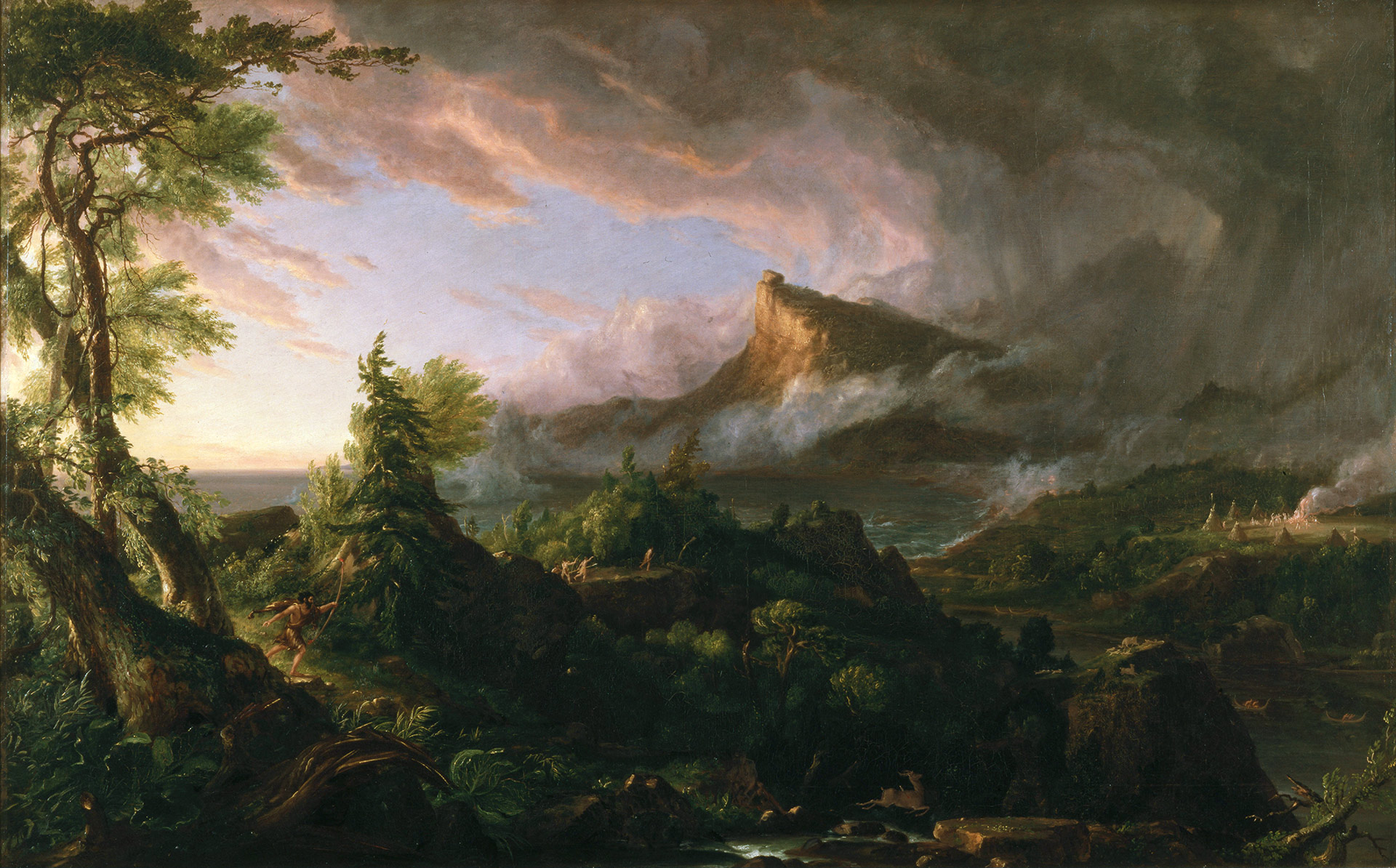 Landscape painting of a forested mountain with smoke rising and people near tents in the distance.