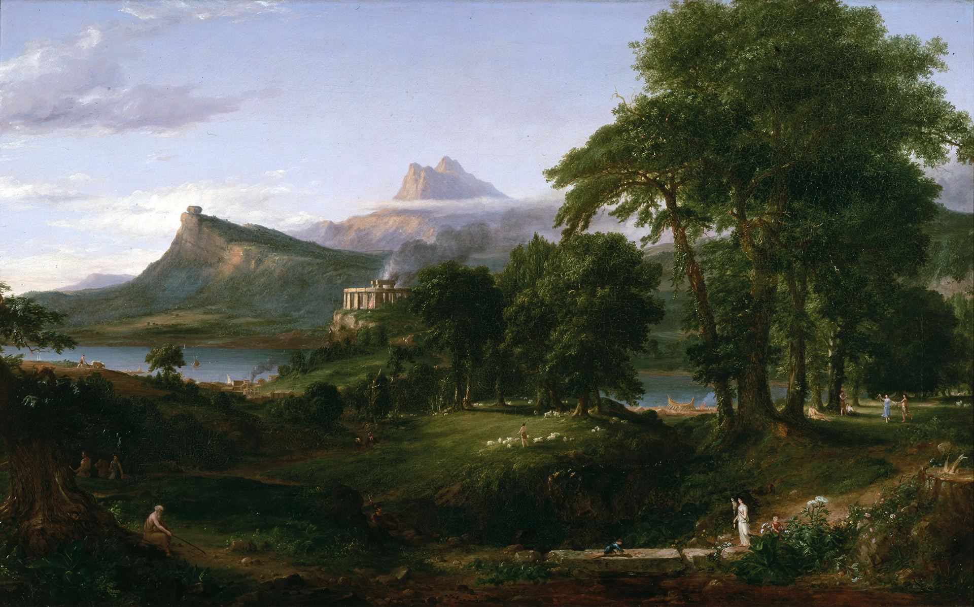 Pastoral landscape with large trees, people tending sheep, a temple on a hill, a lake, and mountains in the background.
