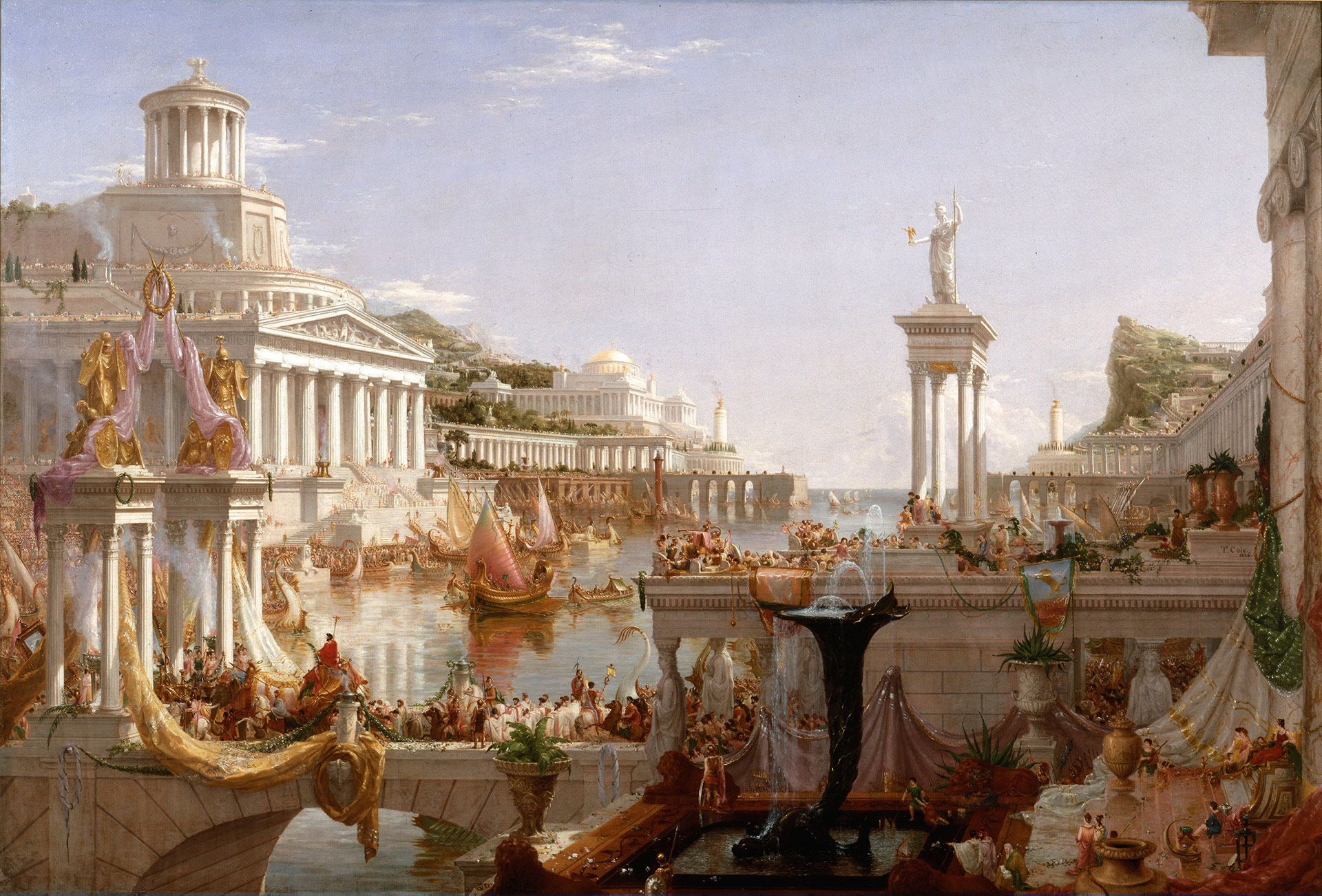 A grand ancient harbor city with classical architecture, sailing boats, fountains, and crowds.