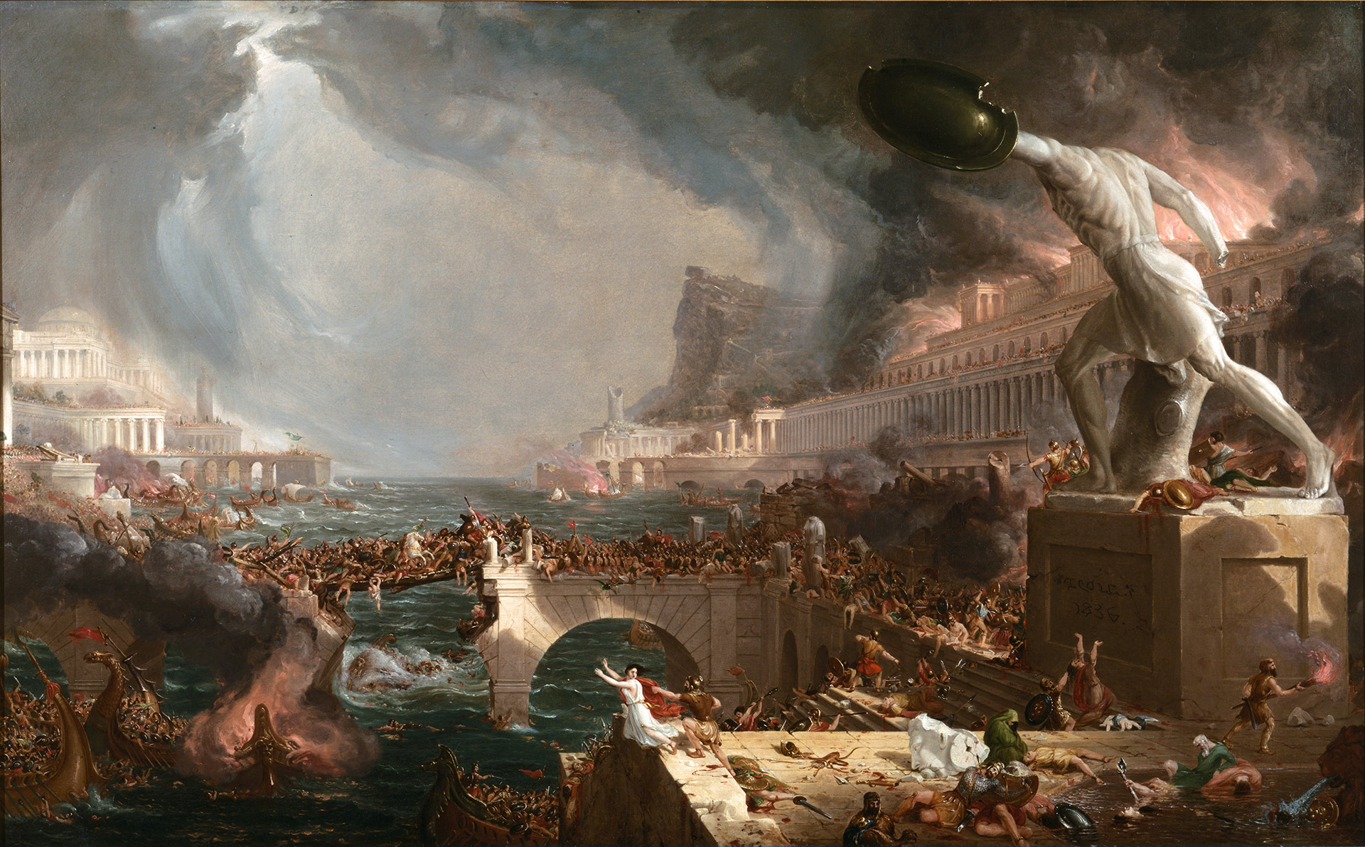 Ancient city under attack with burning buildings, chaotic battle by the sea, and a large statue holding a shield.
