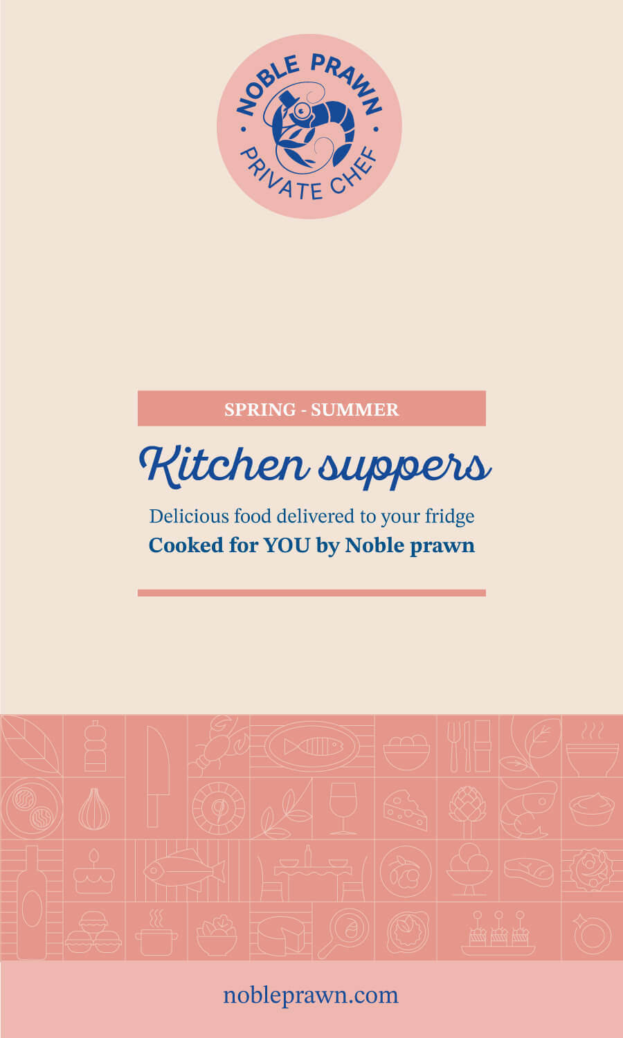 Spring-Summer Kitchen Supper menu cover by Noble Prawn, home-cooked meals delivered to your door