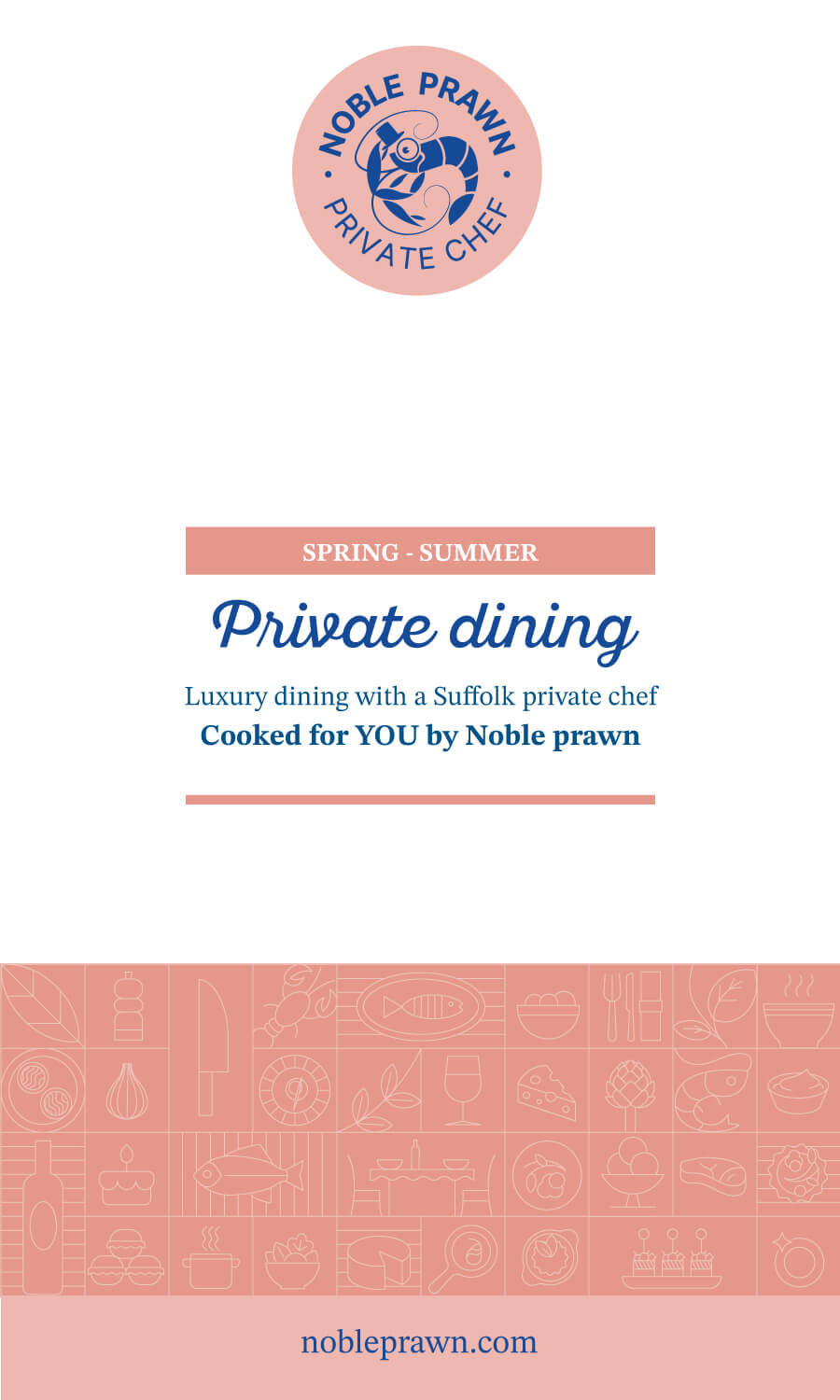 Spring-Summer Private Dining menu cover by Noble Prawn, showcasing seasonal gourmet dishes