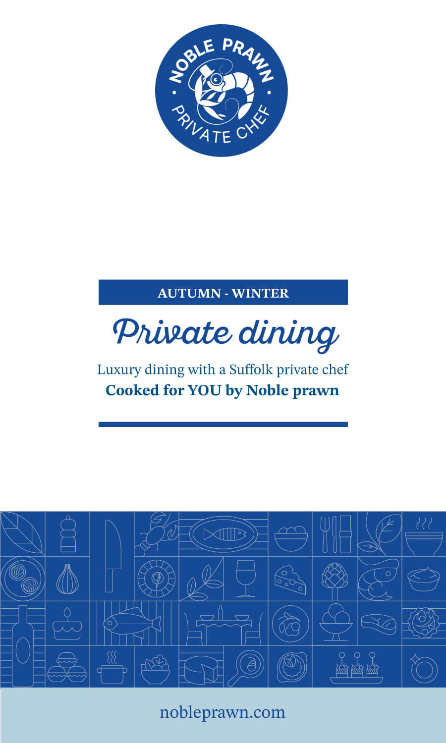 Autumn-Winter Private Dining menu cover by Noble Prawn, featuring hearty seasonal dishes