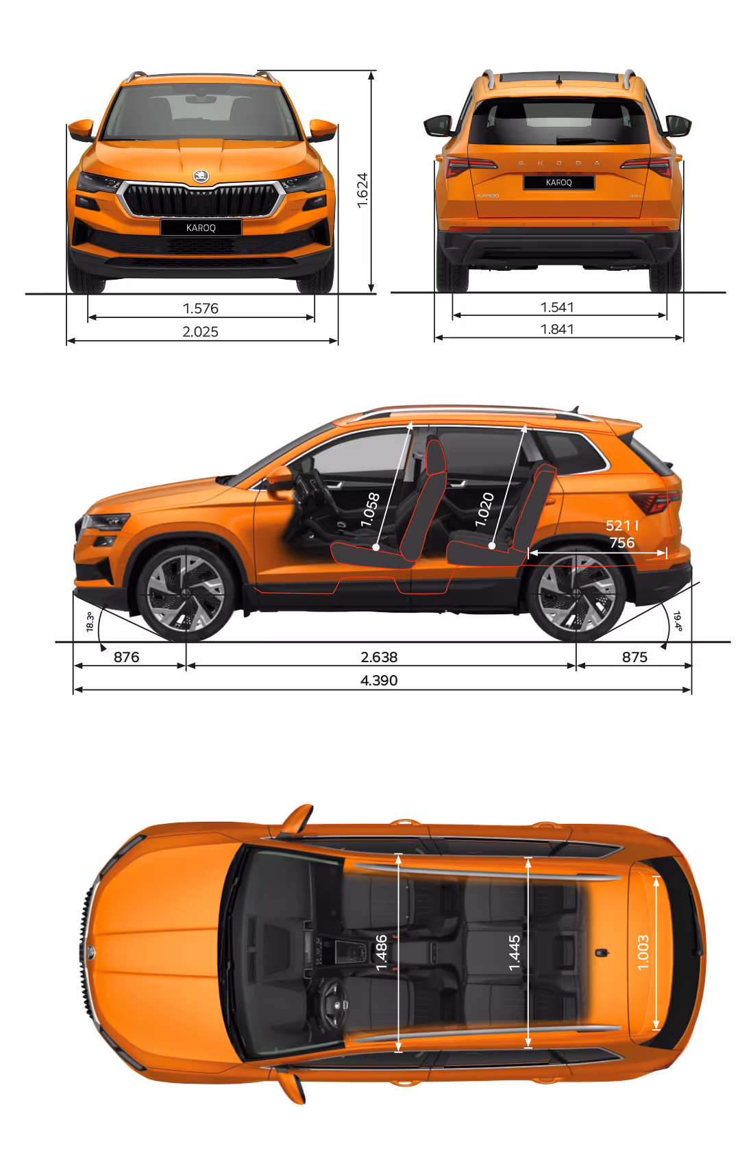 Grafische Darstellung des Škoda Enyaq in der Farbe Olibo-Grün Metallic aus viererlei Perspektiven: Front-, Heck und Seitenansicht sowie Vogelperspektive. Die Abmessungen des Fahrzeugs werden in den verschiedenen Abbildungen dargestellt.