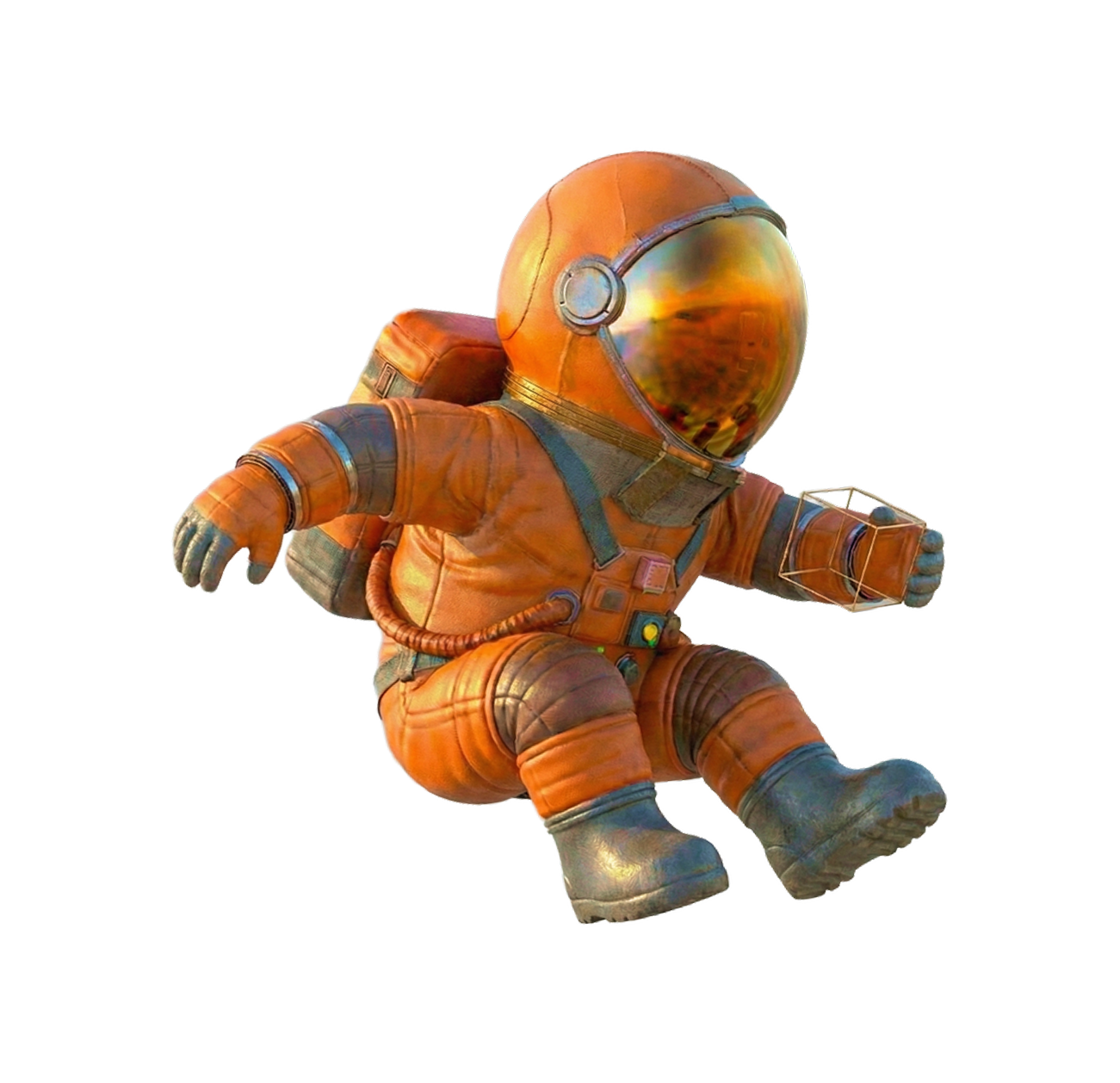Cute small astronaut in an orange space suit floating with reflective helmet visor.