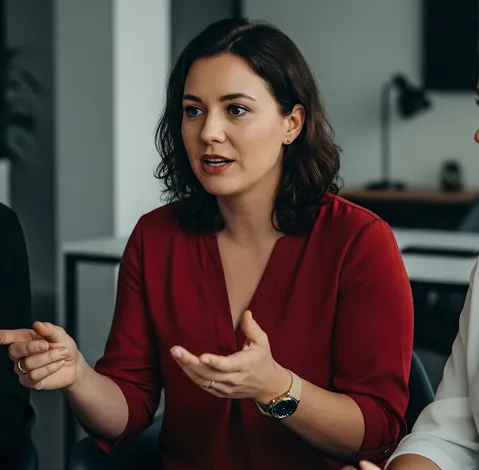 Woman with dark hair wearing a red blouse, engaged in conversation using hand gestures.