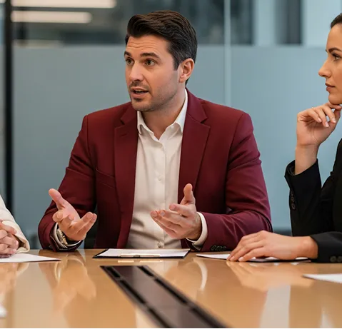 A man in a burgundy blazer speaking and gesturing with his hands during a business meeting.