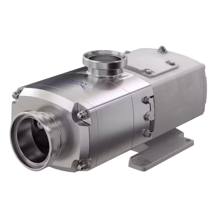 Rustfri tvinneskruemotor med flere bolter og en flens for rørtilkobling.