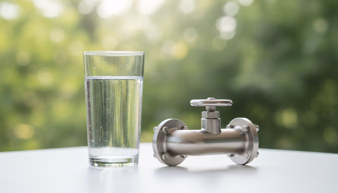Et glass med klart vann ved siden av en lukket metallventil på et bord med grønn, uskarp bakgrunn.